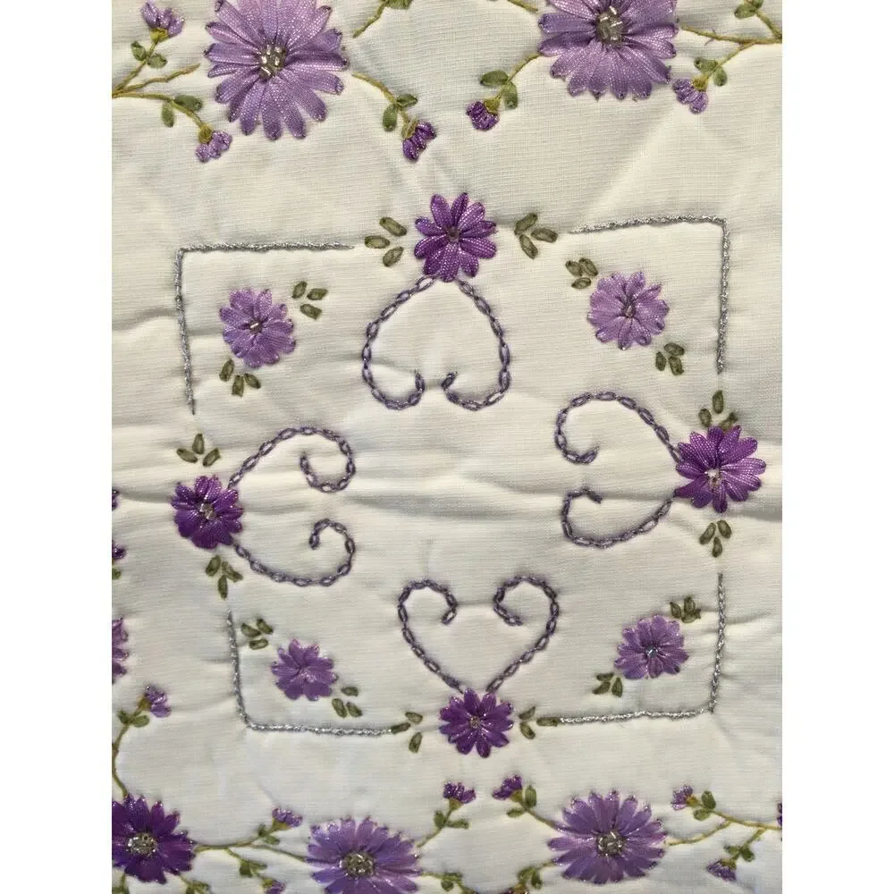 Vtg Handmade Square Pillow Cover Shabby White Purple Flower Lace‎ Valentine Day